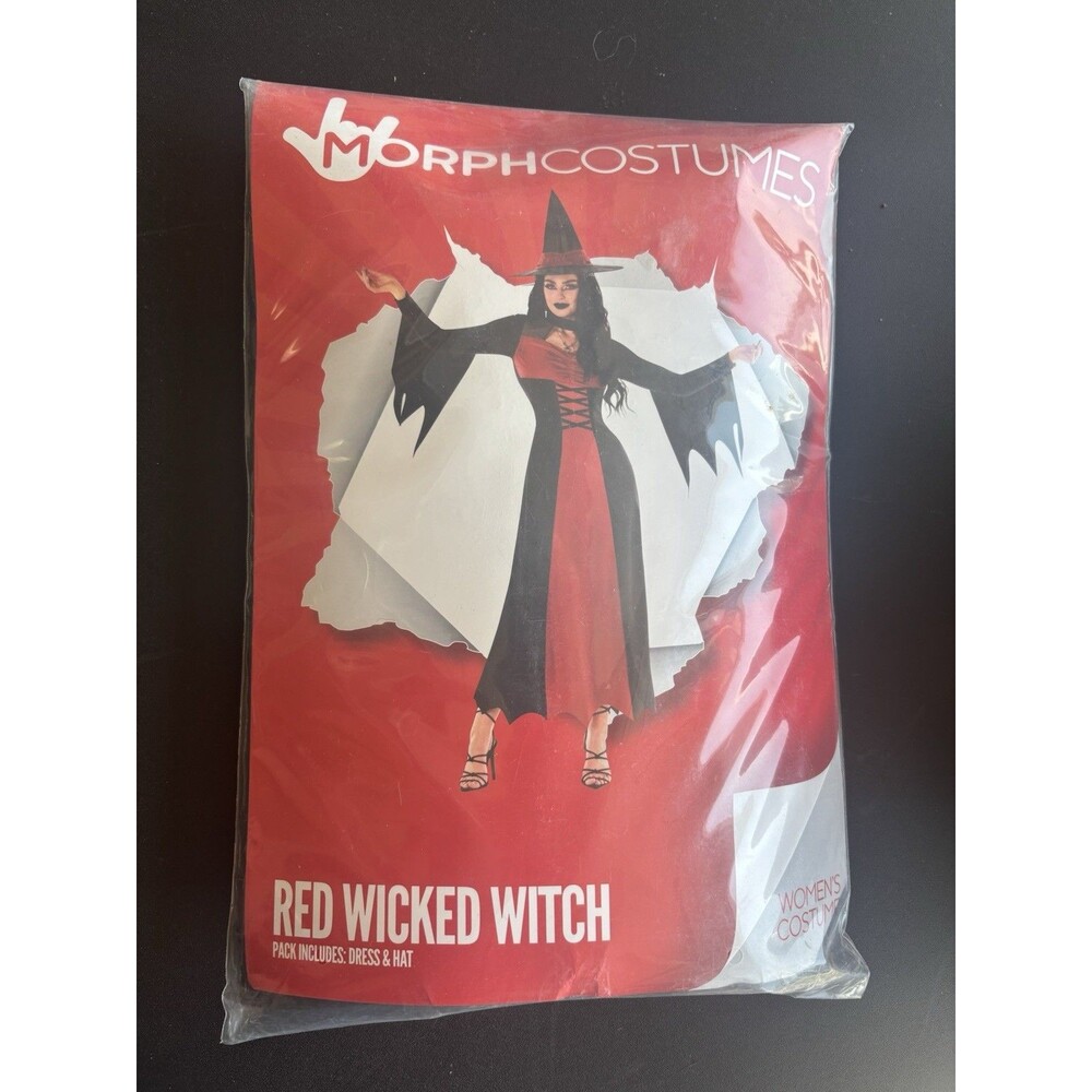 MorphCostumes Red Black Witch Women's Costume Dress with Hat Size L